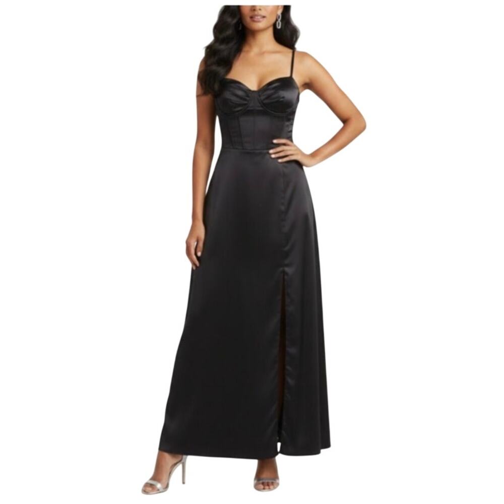 Blondie Nites Black Evening Gown Satin Backless Tie Up A-Line Dress Size 15